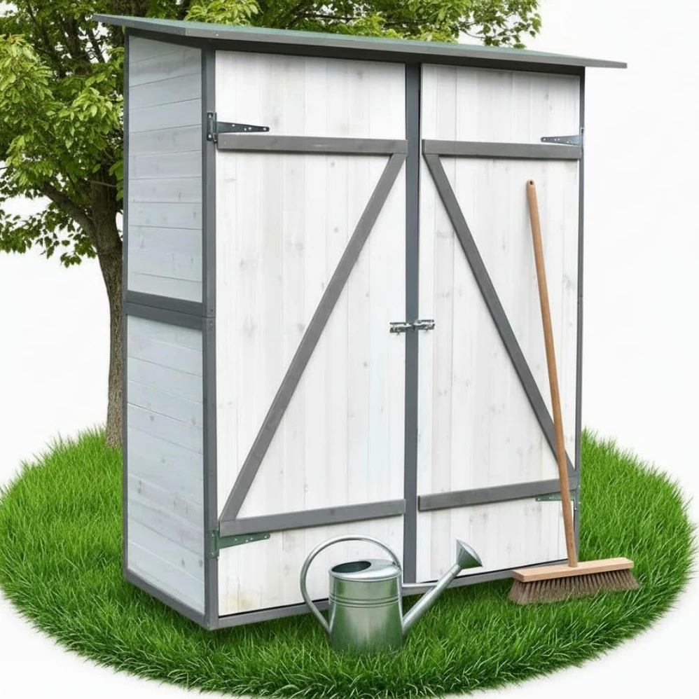 Melko Armario de jardín con techo reprimido y puerta de doble hoja blanco/gris, cobertizo de madera 162 x 140 x 75 cm, incluye estante