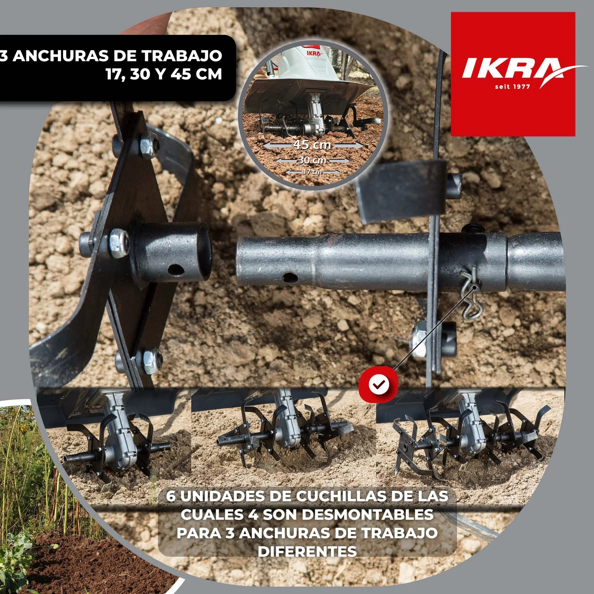 IKRA motoazada eléctrica motocultor cultivador Fem 1500, Ancho útil 17-45cm, 1500W, Incl. arado aporcador