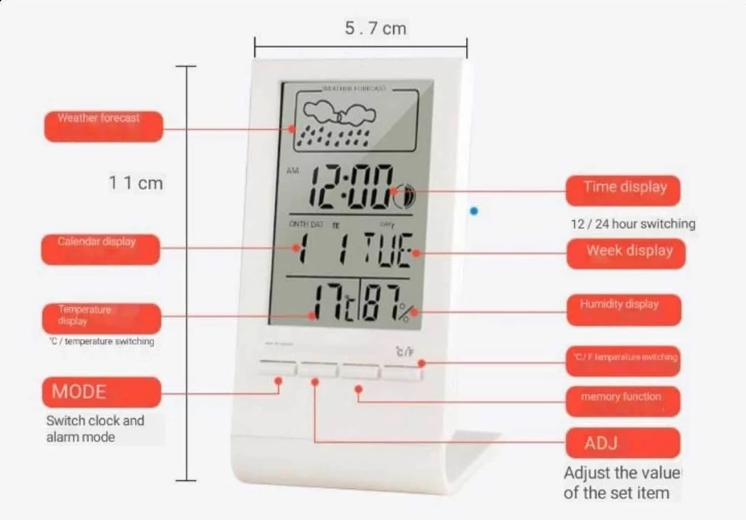 Mini termómetro digital higrómetro, medidor de temperatura y humedad for interiores, reloj, estación meteorológica, pronóstico, valor máximo y mínimo.