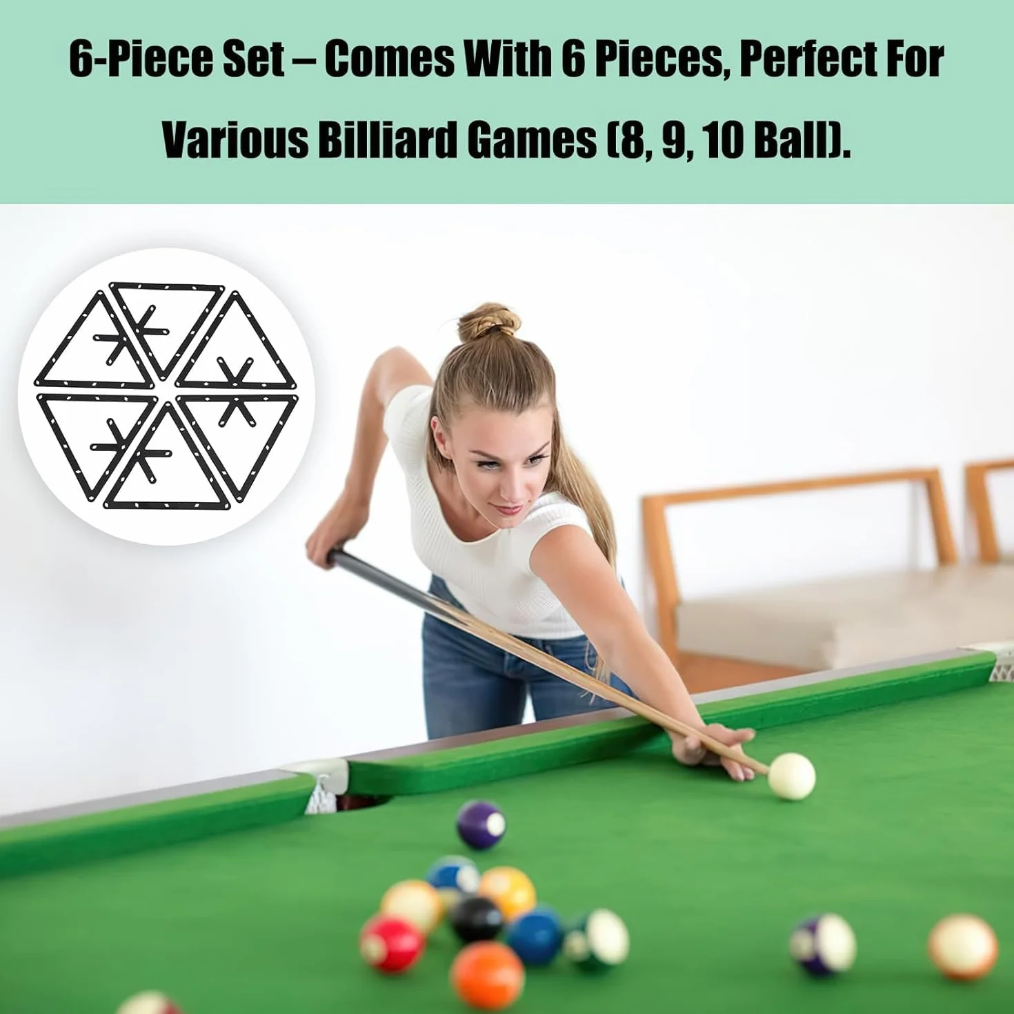 Juego de 6 plantillas de billar ultrafina para 8Ball, 9Ball y 10Ball – Triángulo preciso para alineación de bolas