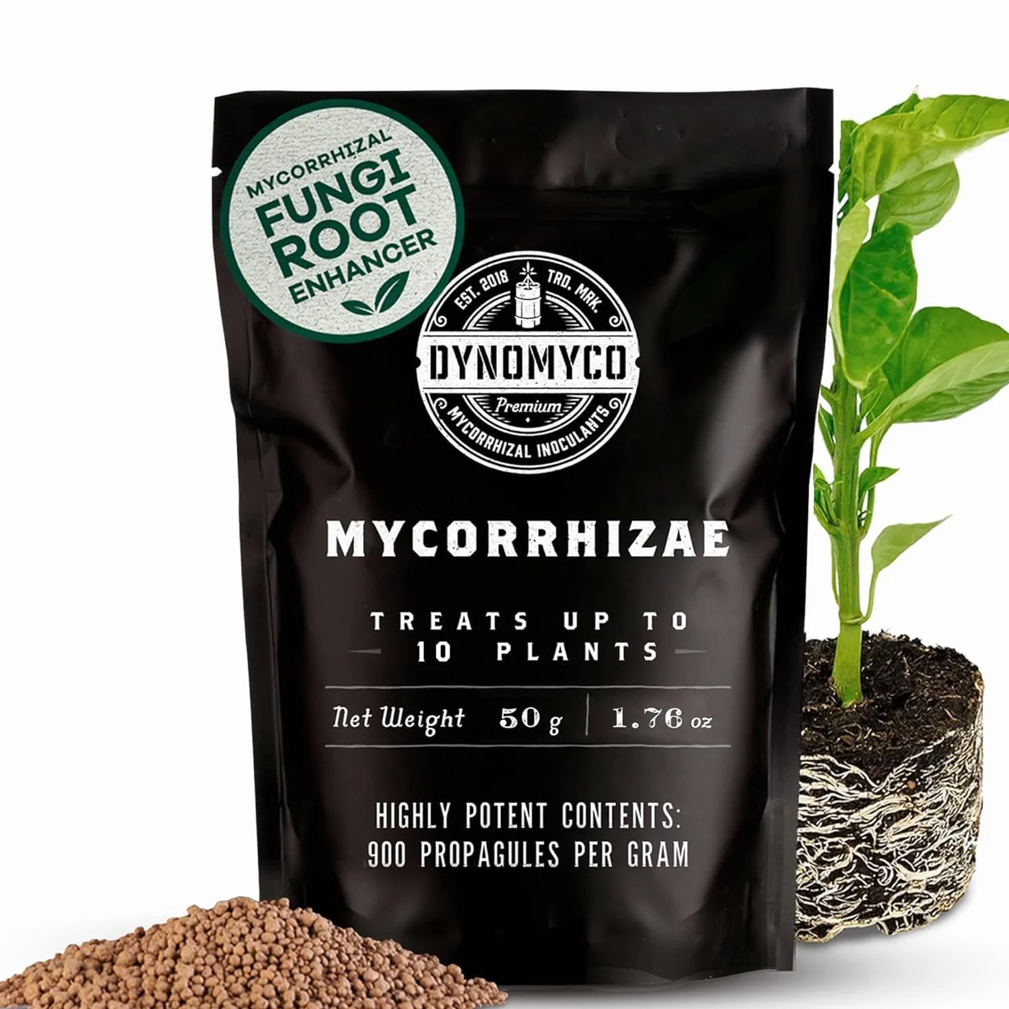 Inoculante de micorrizas DYNOMYCO® – Cepas de alto rendimiento – Fórmula concentrada – Mejora la absorción de nutrientes – Aumenta el rendimiento de las plantas (50 g/Up to 10 Plants)