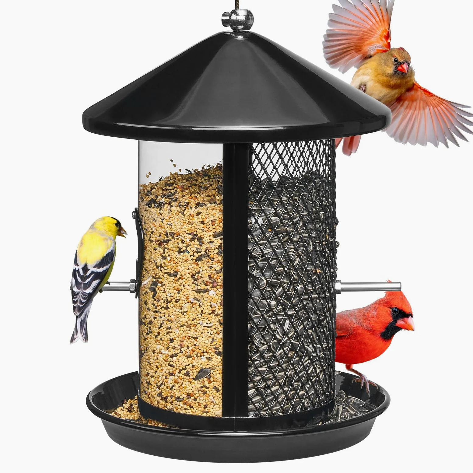 Kingsyard Comedero de metal para pájaros para colgar al aire libre, comedero para pájaros silvestres a prueba de masticación con doble cámara de 4 libras de capacidad para pinzón cardenal Bluebird
