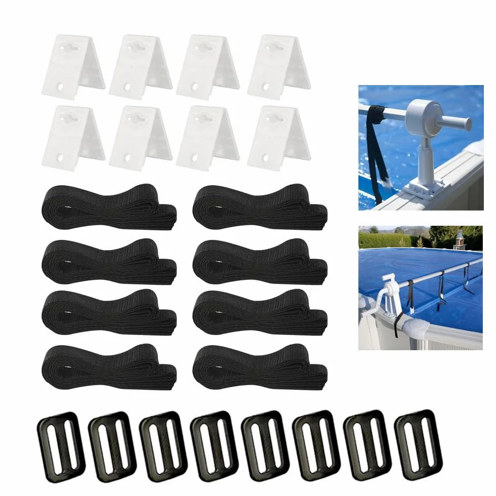 Sistema de Enrollado para Piscina, 8 Set Enrollador de Piscina para Pantalla Solar, Correas de Sujeción para Liner de Piscina, para Lonas/Cubiertas de Piscina