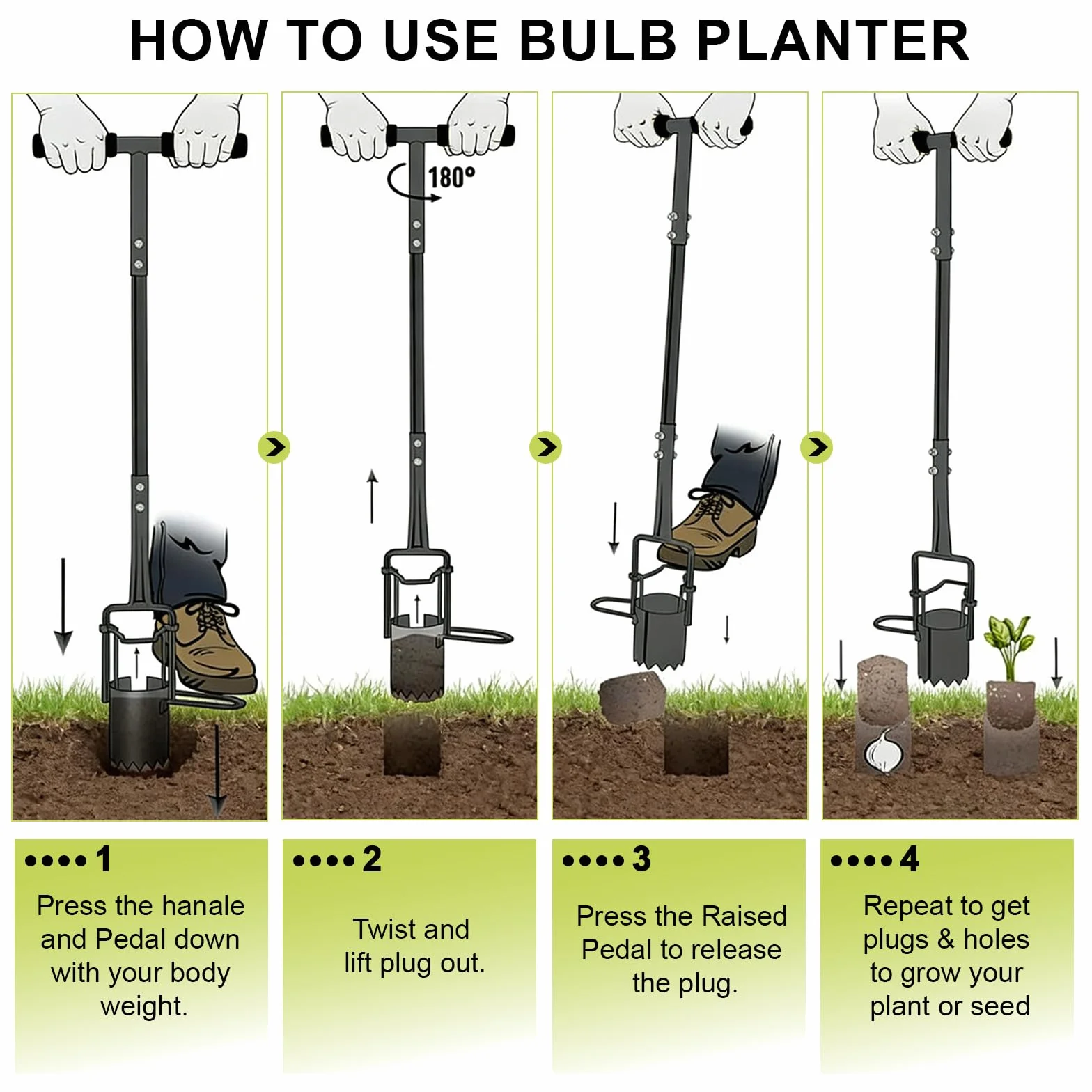 EXLECO Plantador de Bulbos 94 cm, Herramienta Jardinería Manual con Soporte para Pisar y Borde Dentado
