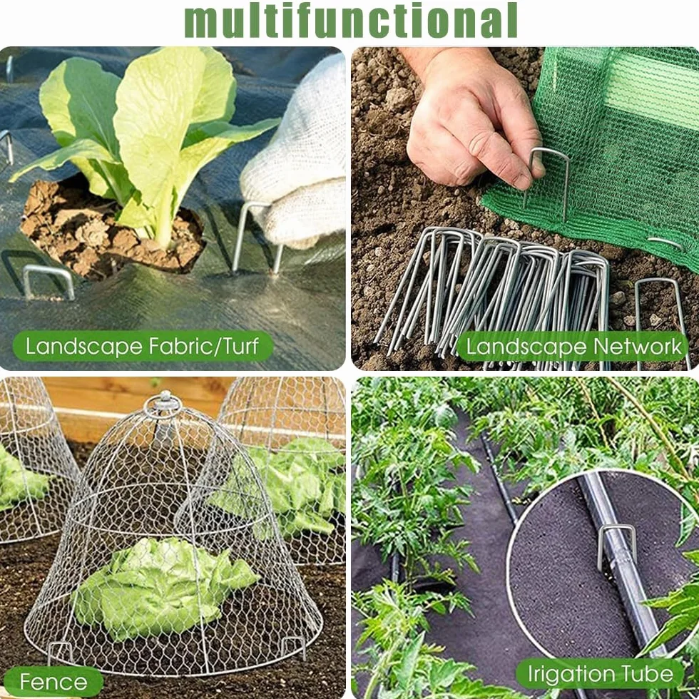 100 Piquetas+100 Arandelas+1recoger Gancho+1 martillo,Clavijas de Jardín en Forma de U,Estacas de Jardín Antirust,Clavos Jardín,Grapas Césped Artificial,Grapas de Jardín para Malla Antihierbas