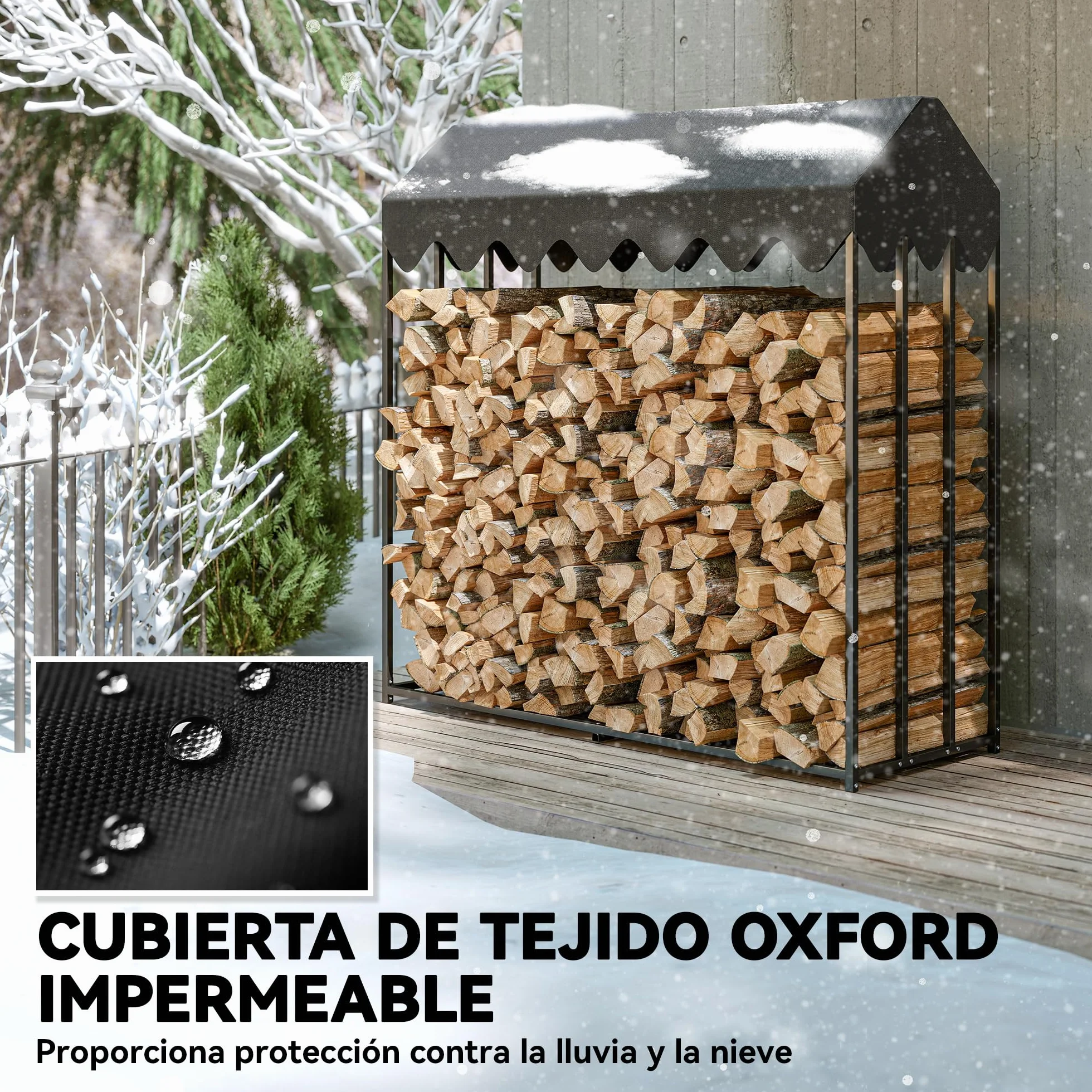 Outsunny Estante de Leña Metálico, 186x70x185 cm, Leñero Exterior con Cubierta Impermeable 600D Oxford, Marco de Acero, Soporte para Leña de Chimenea, para Jardín, Terraza