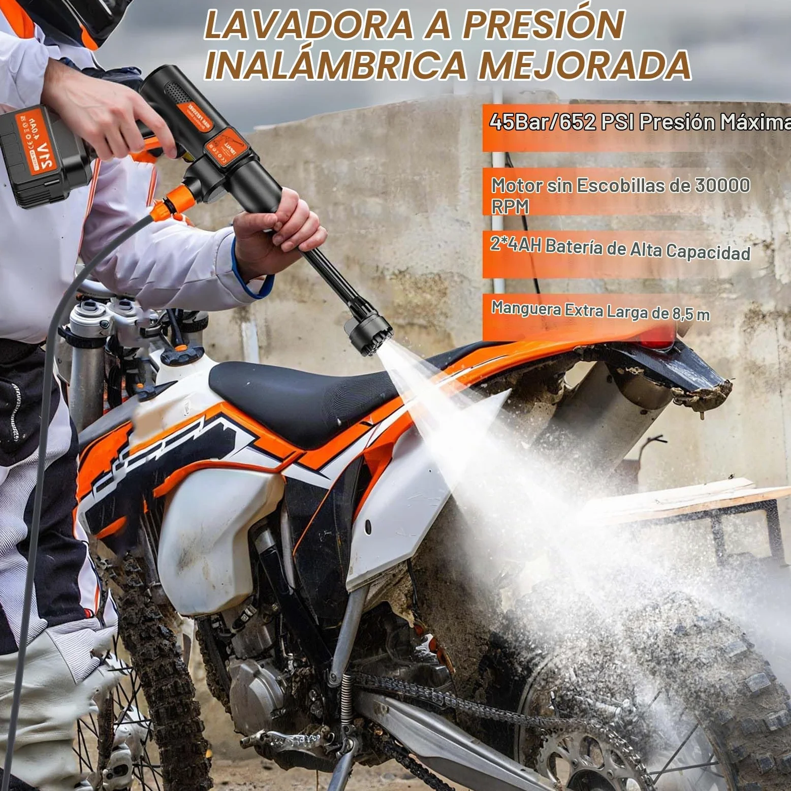TOPALL Hidrolimpiadora Bateria Portatil,Press & Clean Pistola Lavado,Máximo 45Bar/652PSI,Pistola de Agua a Presión con Batería de 2 * 4.0Ah | Manguera de 8.5M | 6 en 1 Boquilla |Giratoria Boquilla