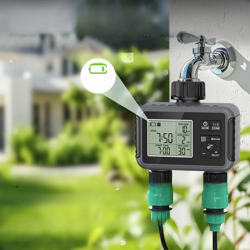 Temporizador de agua programable para grifo de jardín con configuración de entrada y salida de zonas duales independientes y capacidad de anulación manual