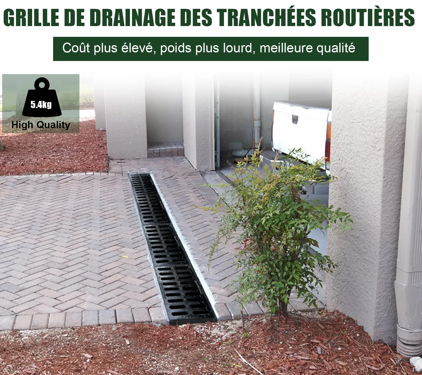 Rejilla de drenaje para zanjas, 500 x 300 mm, de hierro dúctil, resistente, rectangular, rejilla de drenaje de metal, para entradas, jardines, eliminación de aguas residuales, senderos