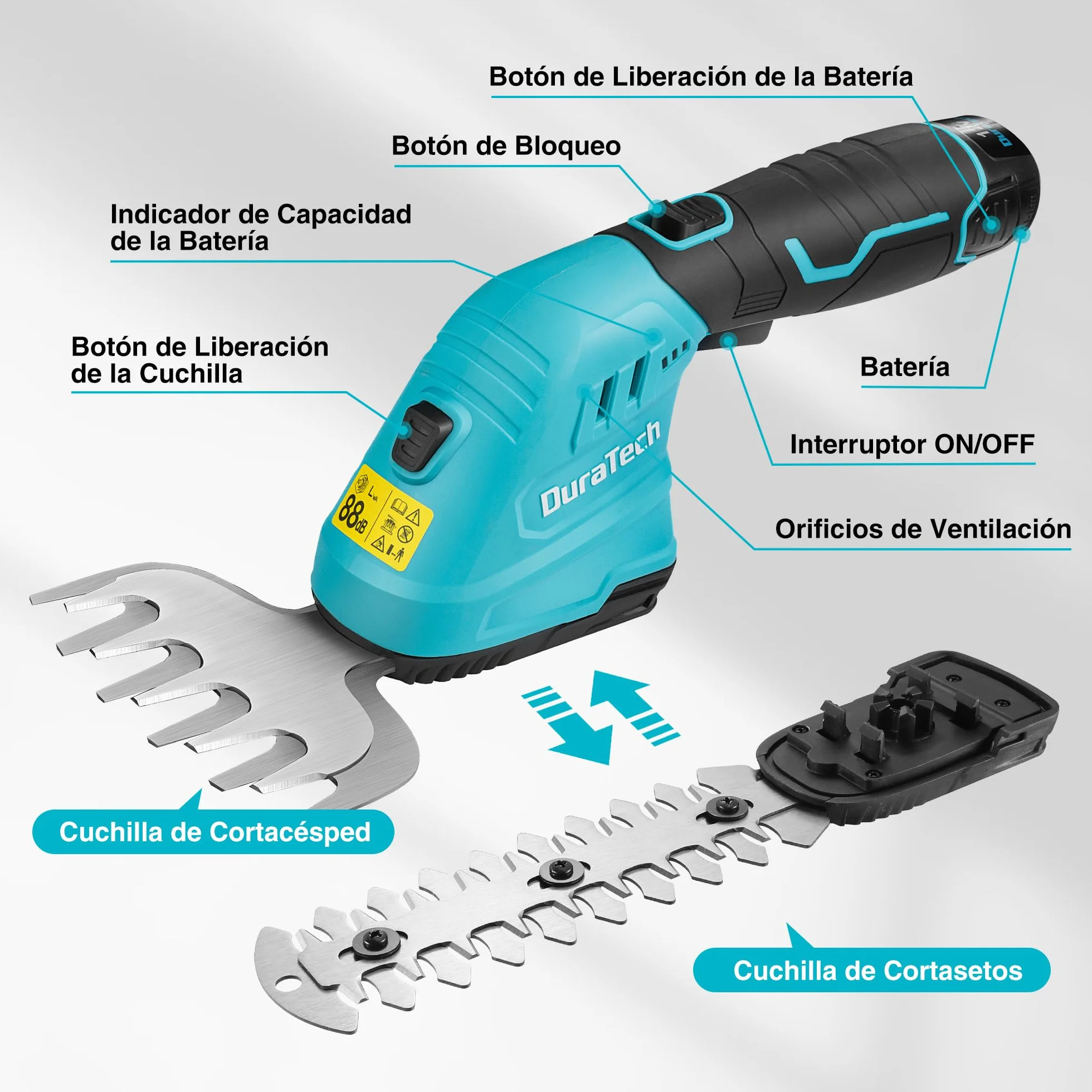 DURATECH 12V Tijera Cortacésped y Arreglasetos 2 en 1, Tijeras Eléctricos de Jardín con Alargador, Batería y Cargador, Cortasetos Eléctrico para Césped y Arbustos, para Jardinería