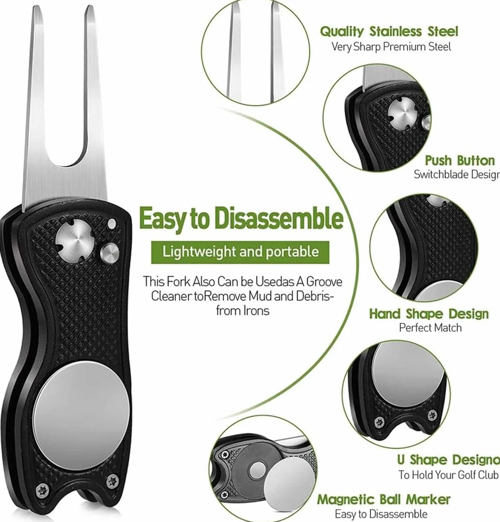 Pitch Fork Golf Arreglapiques Plegable 2PC Horquilla Campo Golf con Mosquetón Herramienta Reparación Divot