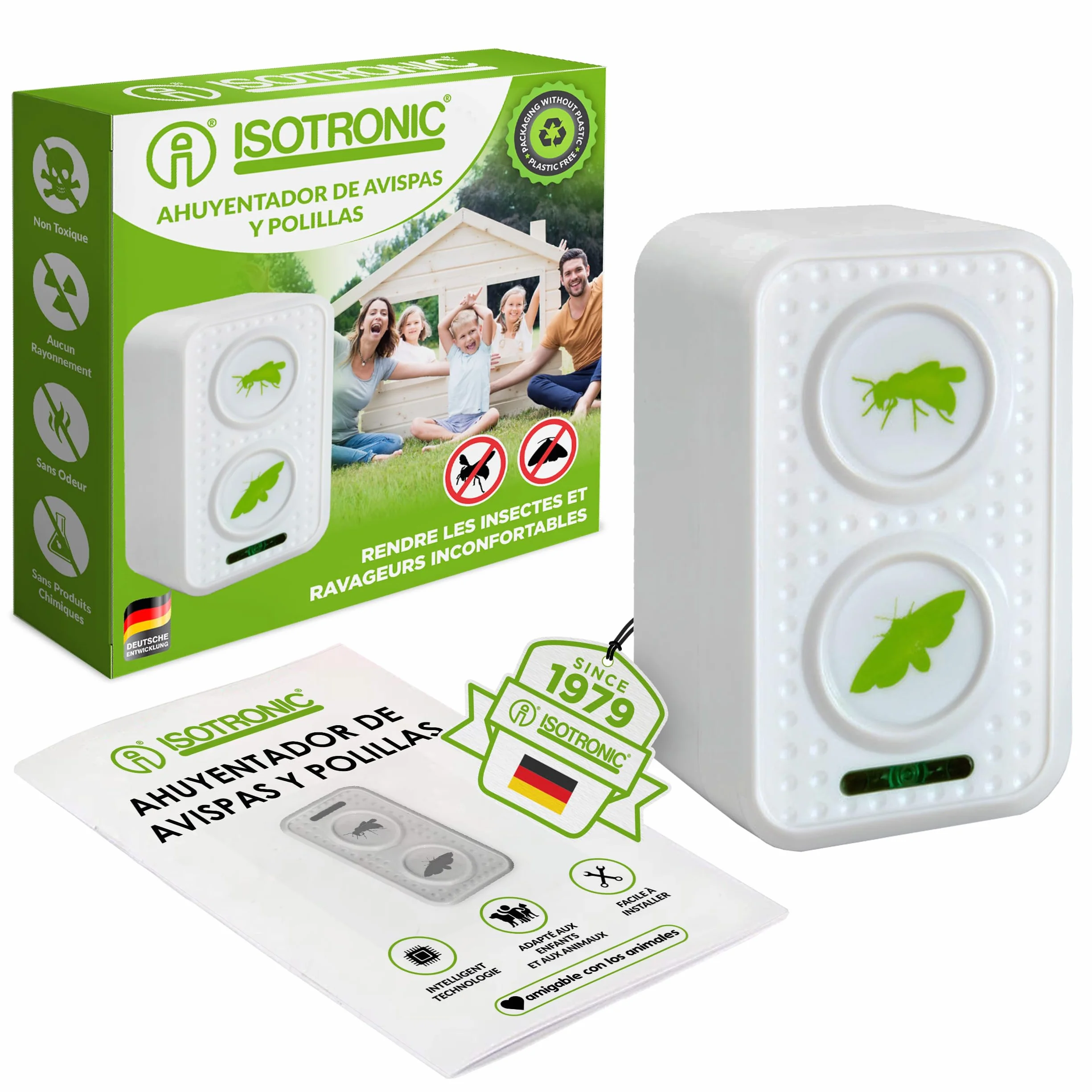 ISOTRONIC Repelente para Avispas y polillas: protección Natural contra Avispas con ultrasonido y frecuencia alterna; Repelente de polillas con un Alcance Efectivo de 50 m² (1 Unidad).