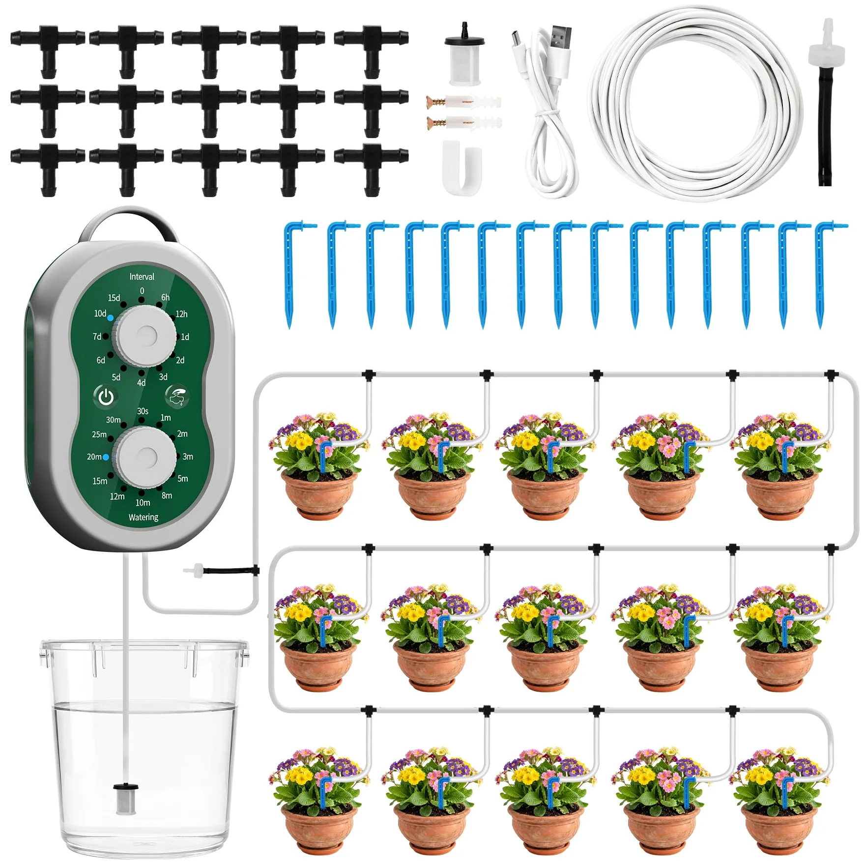 Kit Riego por Goteo Automático Recargable Sistema de Riego por Goteo 132 Modos para 15 Plantas, Sistema de Riego Automático de Plantas para Interior, Balcón, Invernadero, Jardín