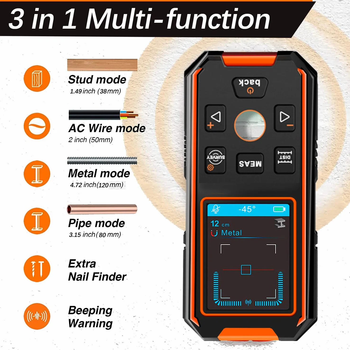 Localizador de línea profesional, multifuncional, detector de escáner de pared, detector para madera, metales, metales no ferrosos, cables, con indicador acústico y visual
