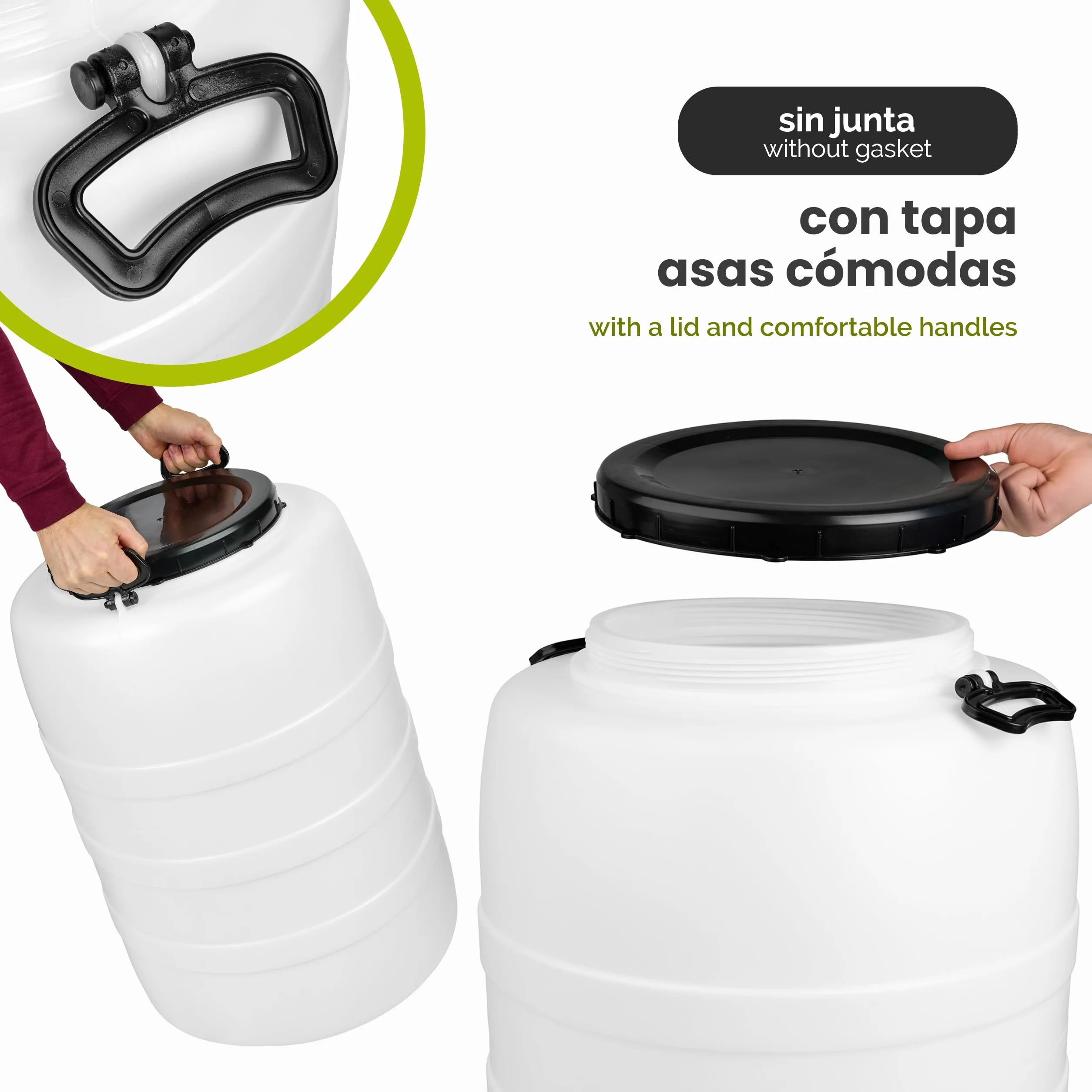 Garronda 120 L + Grifo + Prensa Bidon Barril de Plástico HDPE como Contenedor y Deposito para Agua y Alimentos para Almacenamiento, Fermentación y Recogida de Lluvia GD-0187 Blanco