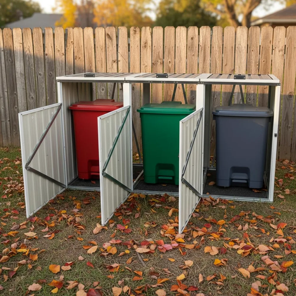 Soporte para cubos de basura de metal, apto para cubos de basura de 240 l y pequeños contenedores de basura, techo protector impermeable para exteriores, armario de herramientas estable para jardín