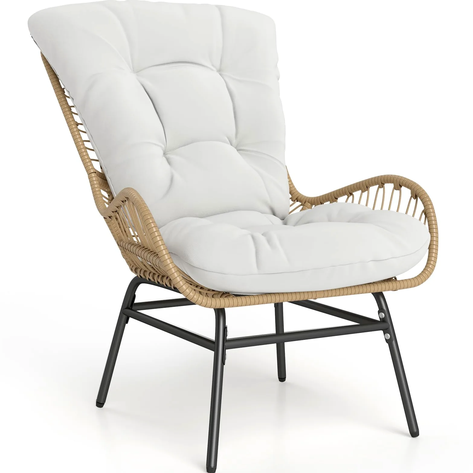 COSTWAY Sillon de Ratan con Cojin, Marco Metálico, Sillones para el Salón, Butaca Dormitorio Jardin Terraza Interior Exterior, 84 x 68 x 87 cm, Carga 180kg, Natural (1)