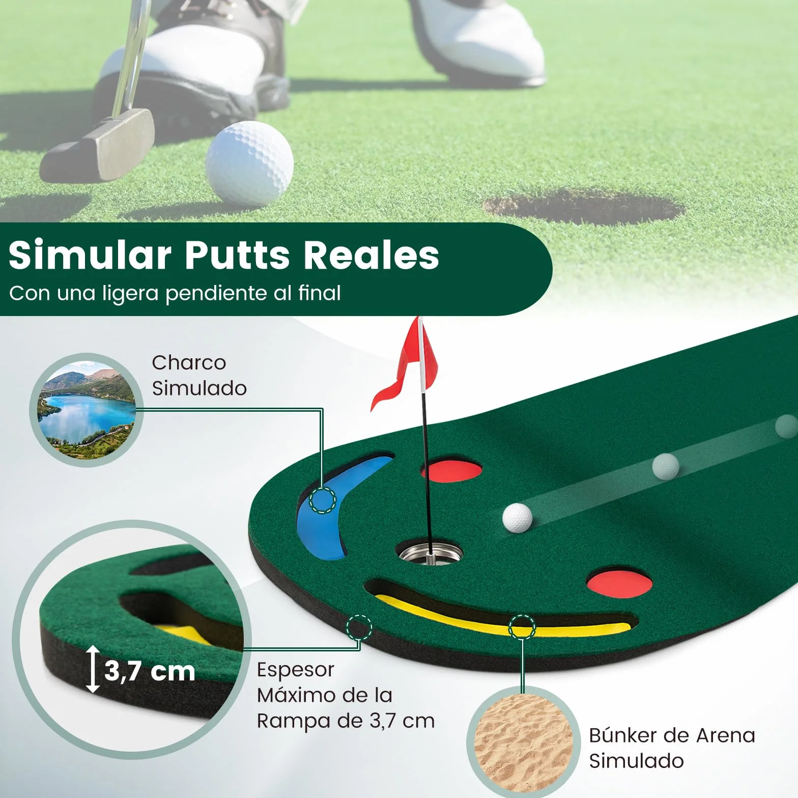 COSTWAY Alfombra de Putting de Golf 300x96 cm Mini Golf con 3 Tazas Bandera y Cubiertas