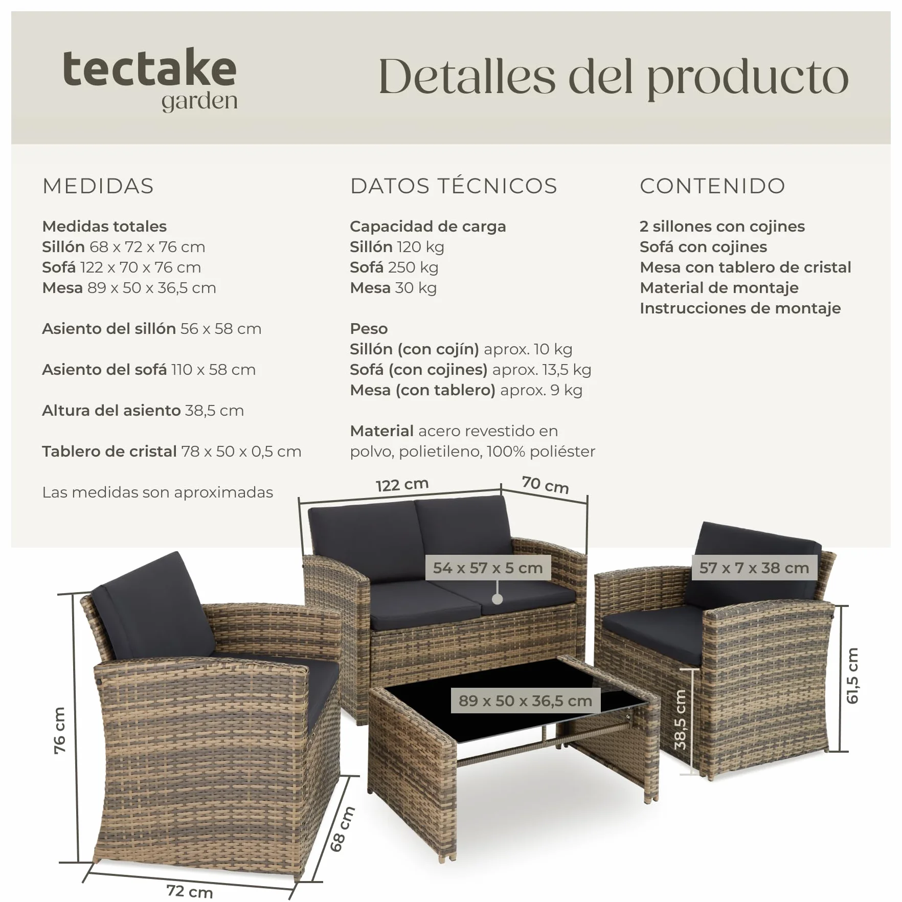 tectake® Conjunto Jardín de Ratán y Acero, Muebles Jardín Exterior, 2 Sillones 1 Sofá 1 Mesa con Cristal, Conjunto Terraza Resistente a Intemperie, con Cojines, Fundas Extraíbles - natural/gris oscuro