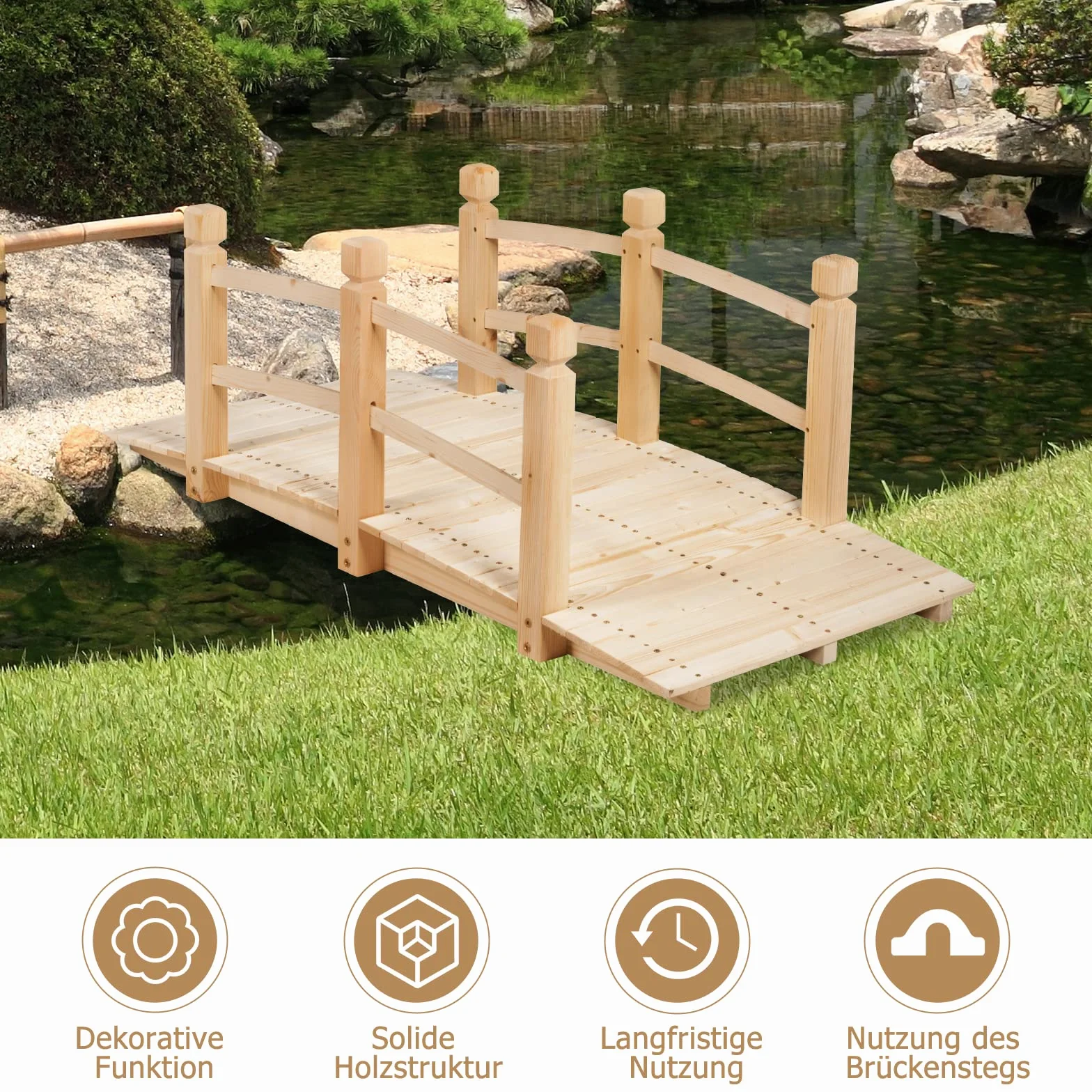 RELAX4LIFE Puente de Madera con Barandilla, Puente CE Jardín, Madera CE Abeto, Puente para Estanque, Carga 100 kg, Puente Decorativo Estable y Duradero, 150 x 67 x 55 cm (Natural)
