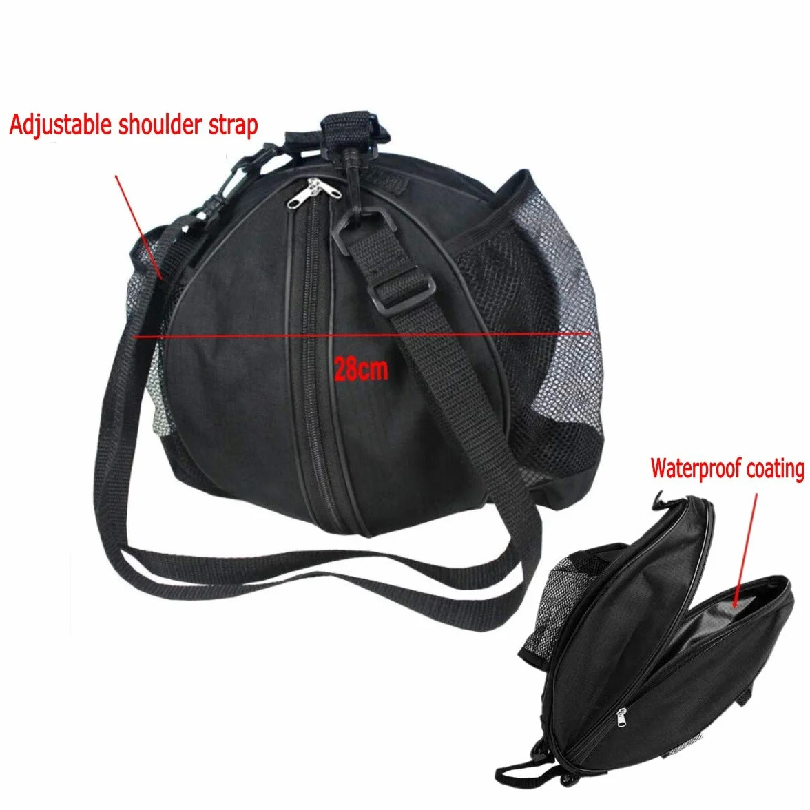 JZK Bolsa Bandolera Baloncesto Voleibol Fútbol Bolsillos Laterales Red Botella Agua Negra