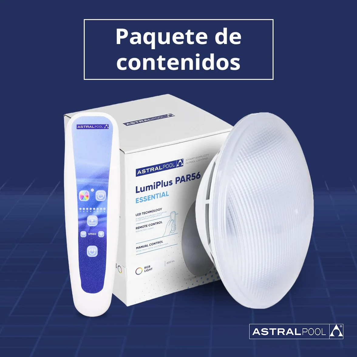Astralpool Lámpara LED - PAR56 RGB RC1100 + RC Multicolor - Sumergible - Piscinas - 12 Colores, 8 secuencias, 8 velocidades - Incluye Control Remoto
