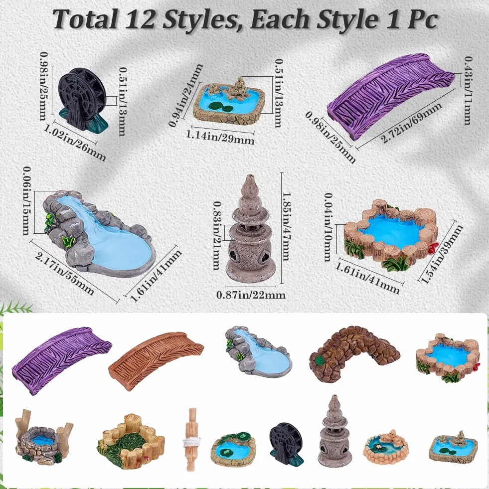 GORGECRAFT 12pz 12 Estilos de Puente de Jardín En Miniatura de Resina Minifaro Rueda Hidráulica Pozo Piscina Adornos de Construcción Puentes de Hadas Pequeñas Estatuas para Manualidades de Bricolaje