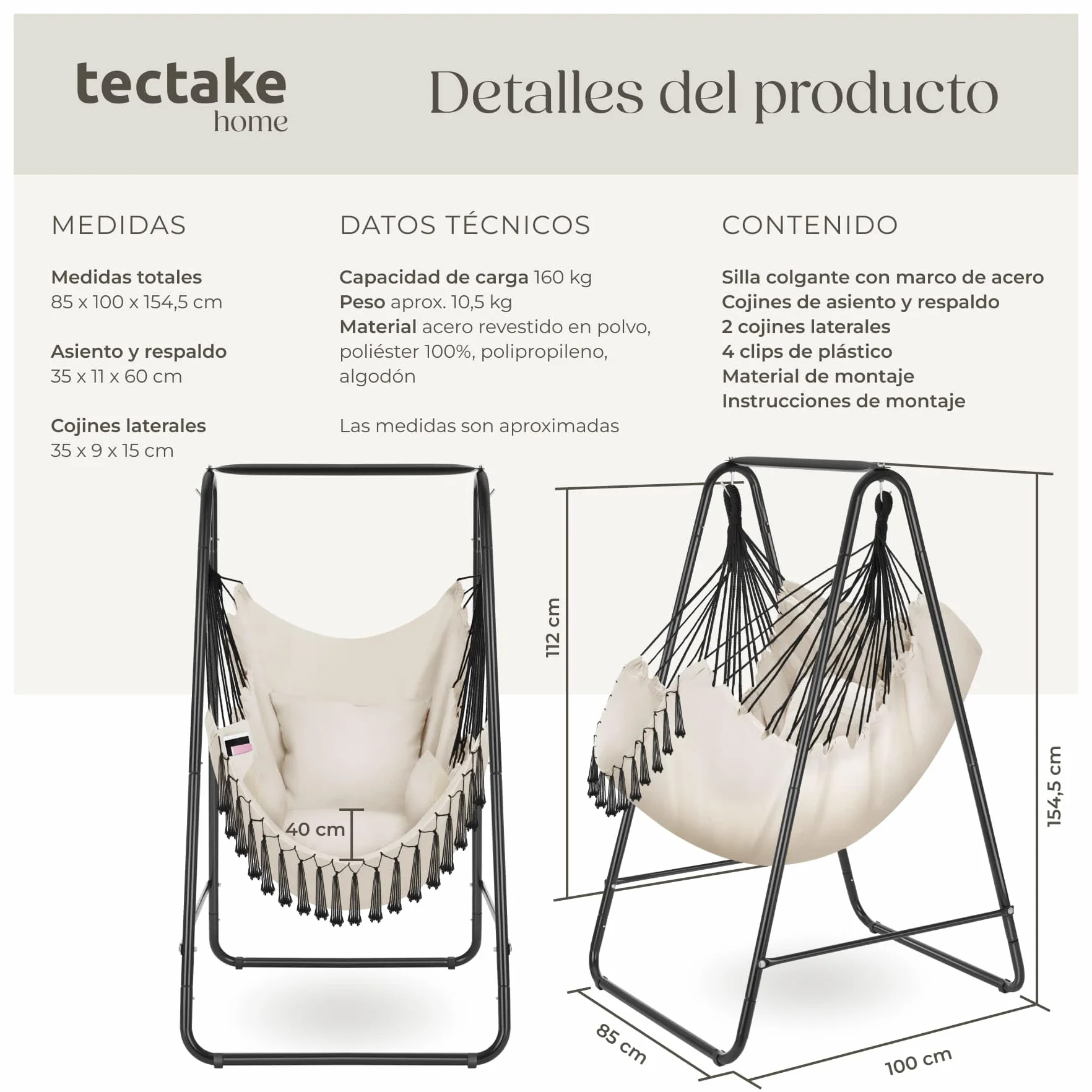 Silla Colgante Boho, Estructura De Acero, Borlas Decorativas, Cojines Gruesos, Bolsillo Lateral, Interior Y Exterior, Hamaca Sillón Colgante para Jardín, Terraza, Salón, Dormitorio