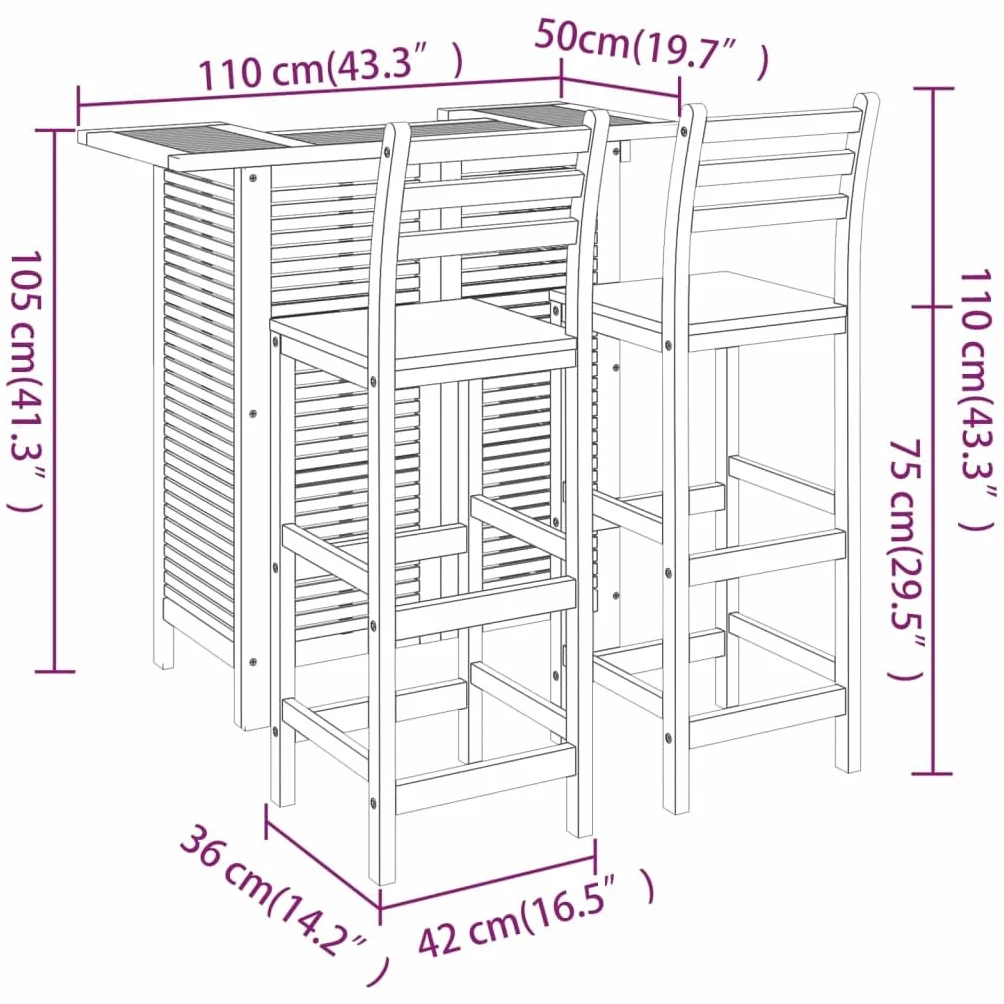 vidaXL Juego Muebles de Bar para Jardín 3 Piezas Mesa Silla Asiento Butaca Taburete Pub Bistró Comedor Patio Desayuno Madera Maciza de Acacia
