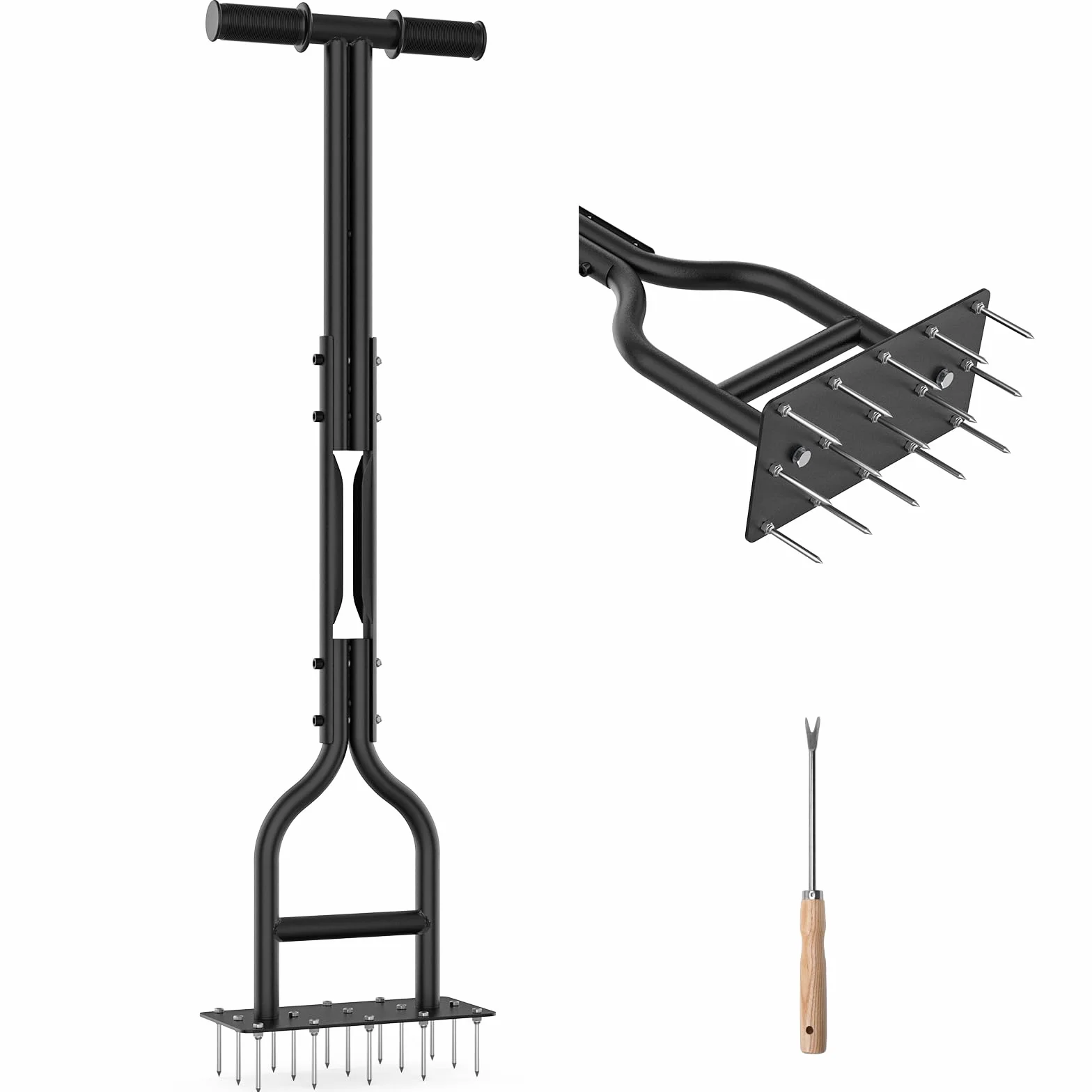 HYCHIKA Aireador Cesped para Cuidado de Suelo y Césped, 15 Pinchos de Acero Macizo, Mango en Forma de T, Escarificador de Cesped Herramientas hortícolas
