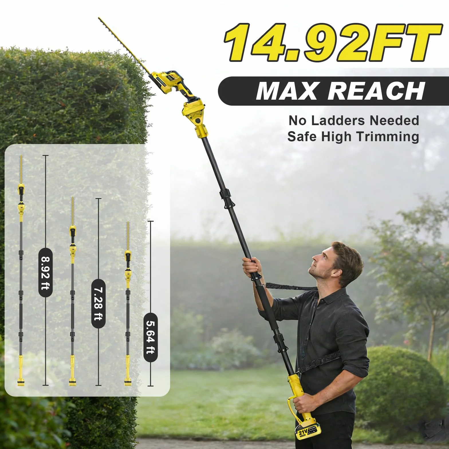 4 en 1 Cortasetos a batería Podador Altura para Makita 18V, con 2×4.0Ah baterías, extensión 4,55 m, Cuchillas 406 mm & 152 mm, Cabeza Corte giratoria 180°, como cortaarbustos y cortacésped (Amarillo)