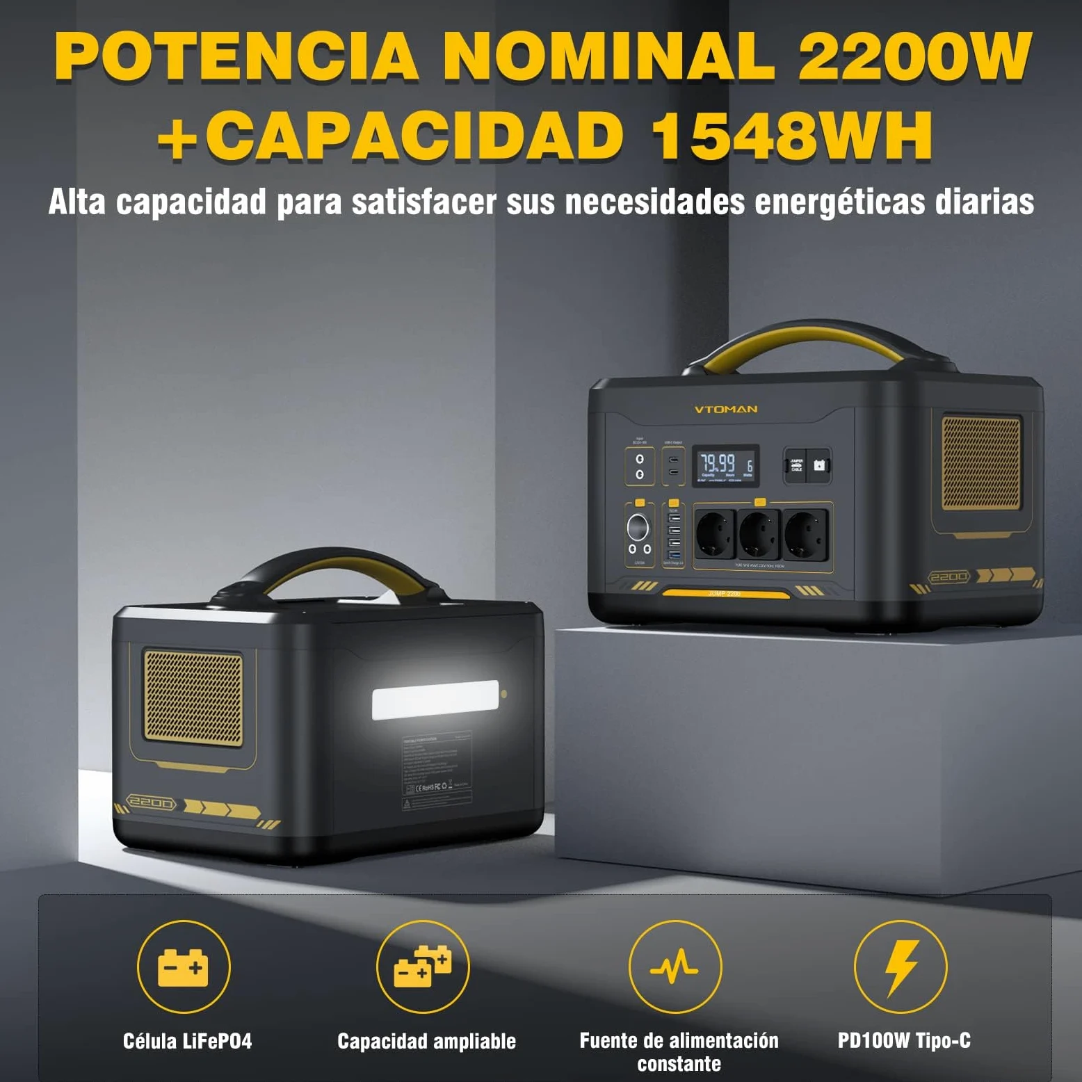 VTOMAN Jump 2200 Estación de Energía Portátil con Bolsa de Almacenamiento | 1548Wh Generador Solar (Pico 4400W), 100W Tipo C, 3 CA de 2200W, LiFePO4 Batería, para Acampadas, Hogar y Caravana