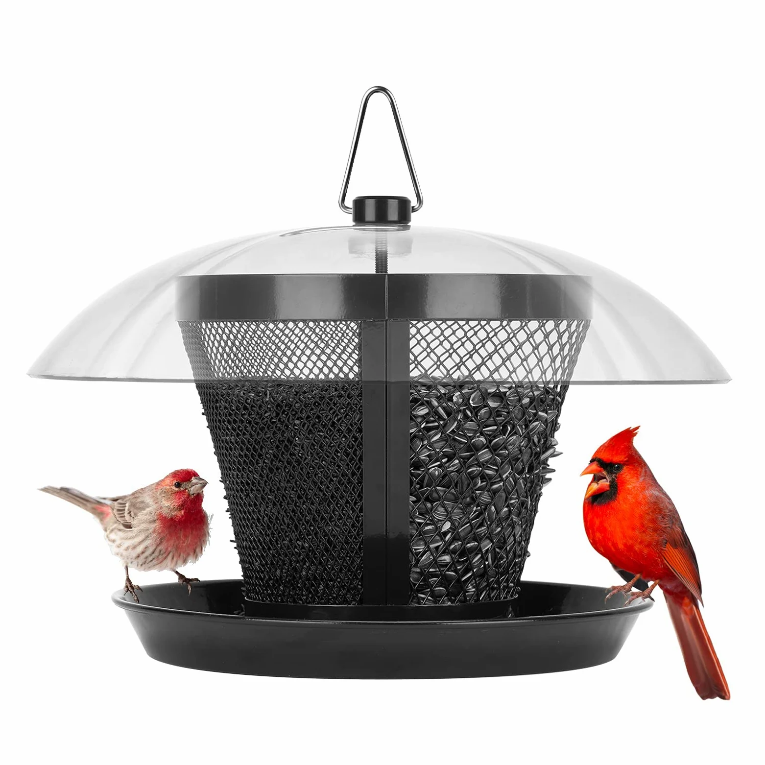 Kingsyard Comedero para pájaros de malla metálica exterior con cúpula resistente a la intemperie, doble alimentador de 2.5 libras. Capacidad de semillas para pinzón cardenal