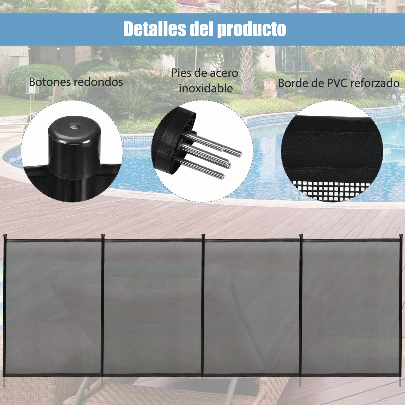 SOARS 360 x 125 cm Valla de Seguridad para Piscinas, Valla de protección de piscina de 4 piezas plegable, con pies de acero inoxidable & plantilla para taladrar, Protección para Niños y Mascotas