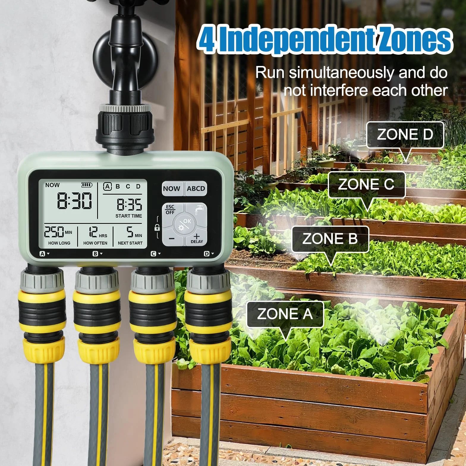CROSOFMI Programador Riego Automatico Jardin Temporizador Riego con 4 Salidas Independientes Pantalla LCD/Operación fácil/Bloqueo para niños/Retraso por Lluvia intensa/Riego Manual