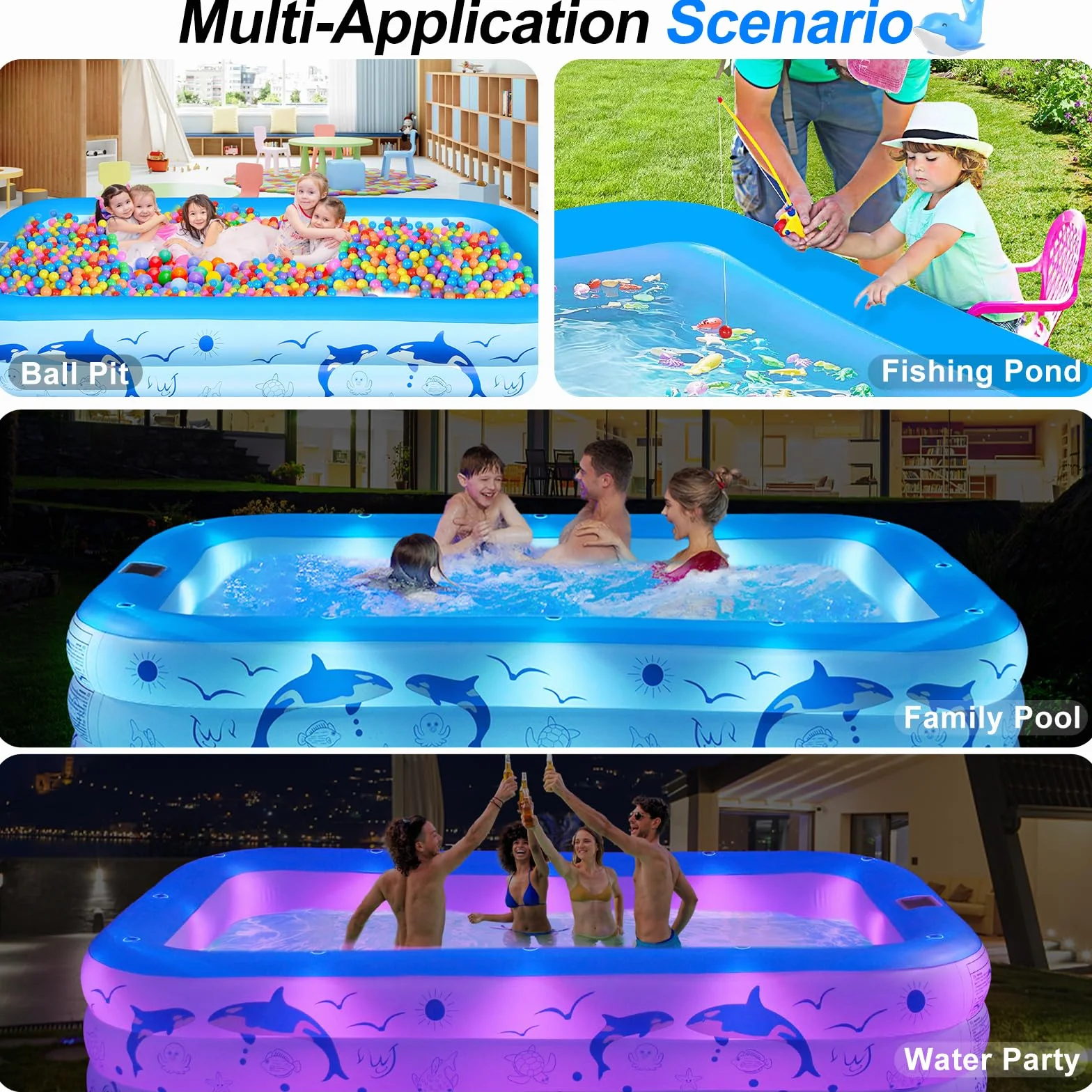 LanOcean Piscina Hinchable Adultos con Luces, Solar Grandes Piscinas Hinchables Rectangular con 12 Modo de Iluminación, 240x150x55CM Piscina Hinchable Infantil, Piscinas Hinchables para Jardin Terraza