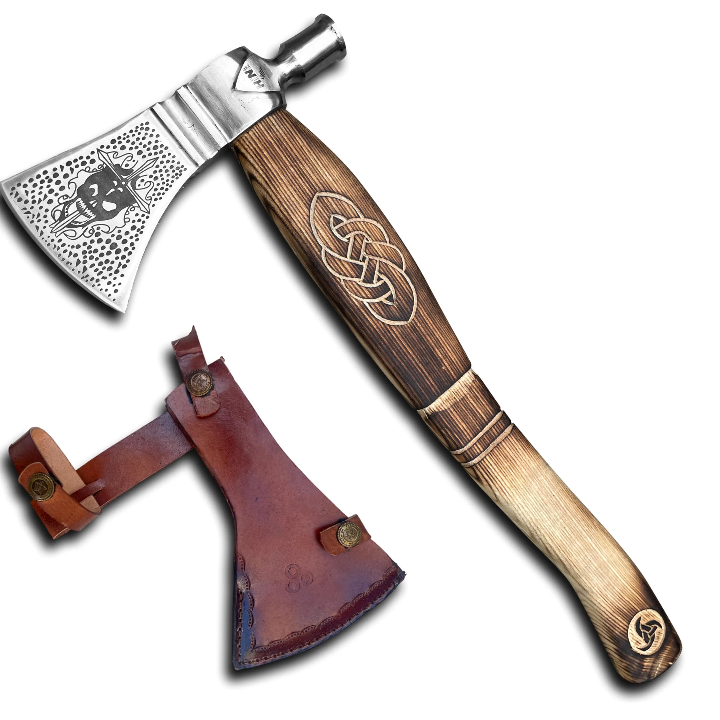 Novahaven Mjölnir - Hacha forjada a mano para exteriores de 46 cm con polo martillo, regalo y decoración de acero al carbono, mango de madera de fresno tallada, funda de cuero, para camping