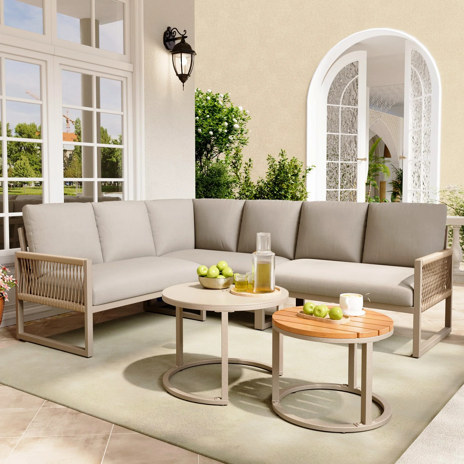 LAKFEW Conjunto Jardin Exterior de 5 Piezas con 2 Mesas y Patas Ajustables, Muebles Jardin Exterior Modular para 6-7 Personas, Sofa Exterior Esquinero con Cojín Cómodo (Beige)