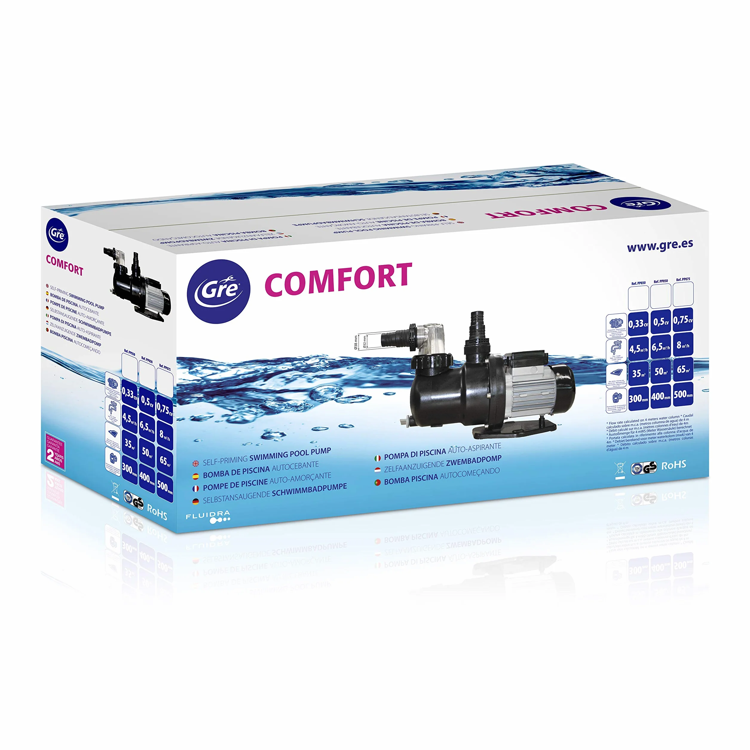 Bomba de Filtración para Piscina, 450 W, 8,5m3/h, Hasta 50 m3, Filtro 400 mm, Acorde a la Directiva Europea de Ecodiseño - Gre PP052