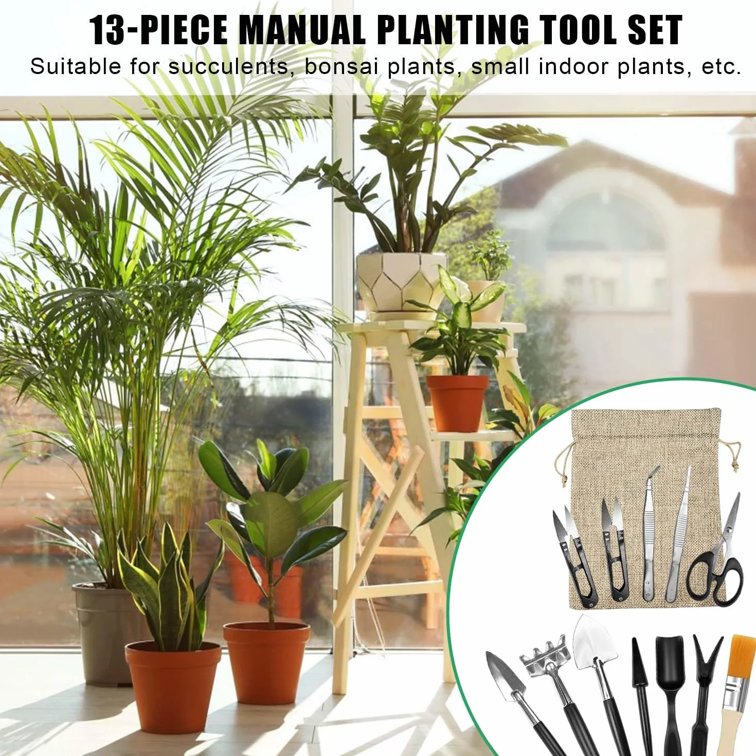 13 Piezas Kit Jardineria, Kit Bonsai con Bolsa Almacenamiento, Herramientas Bonsai, Herramientas Jardineria, Bonsai Kit Adecuado para Interior y Exterior Plantar Flores Trasplantar y Aflojar Tierra