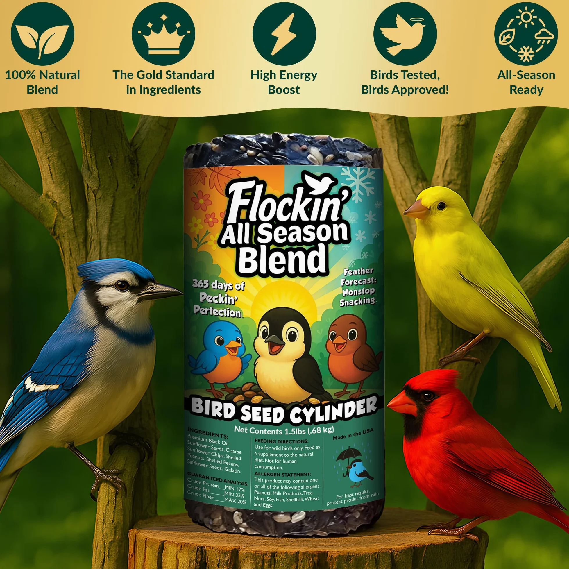 Cilindro de semillas de pájaros para todas las estaciones con agujero, alimento para pájaros silvestres durante todo el año para Blue Jays, palomas, pinzones y más, mezcla equilibrada de alta energía