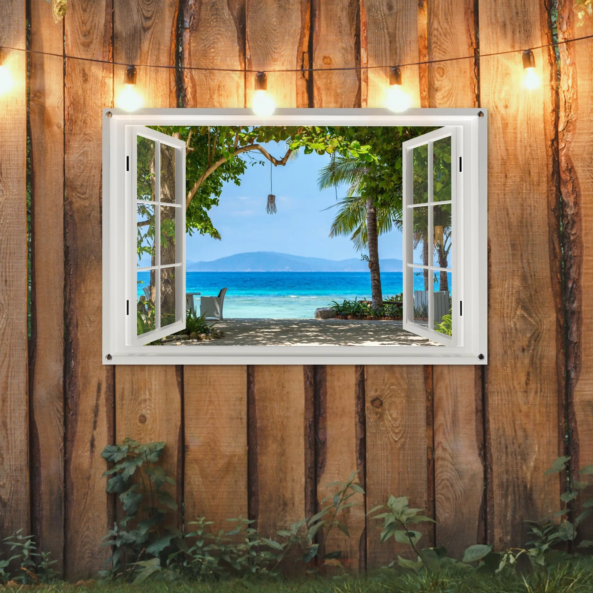 MuchoWow© Póster De Jardín 120x80 cm Terraza Exterior Accesorios Jardin Decoracion Pared Decorativa Balcon Wall Decoration Posters Decorativos Vista - Árbol - Mar - Palmera - Colinas - Playa