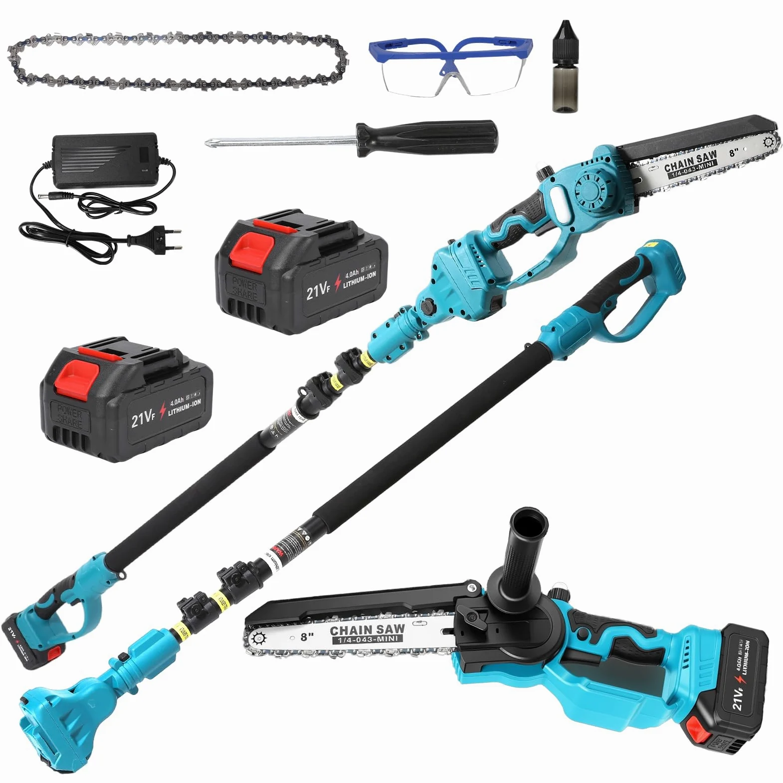 Motosierra telescópica y mini motosierra, 8 pulgadas, motosierra, perca extensible hasta 6-16 pies, 2 x 4000 mAh baterías de poda eléctrica para árboles (azul)