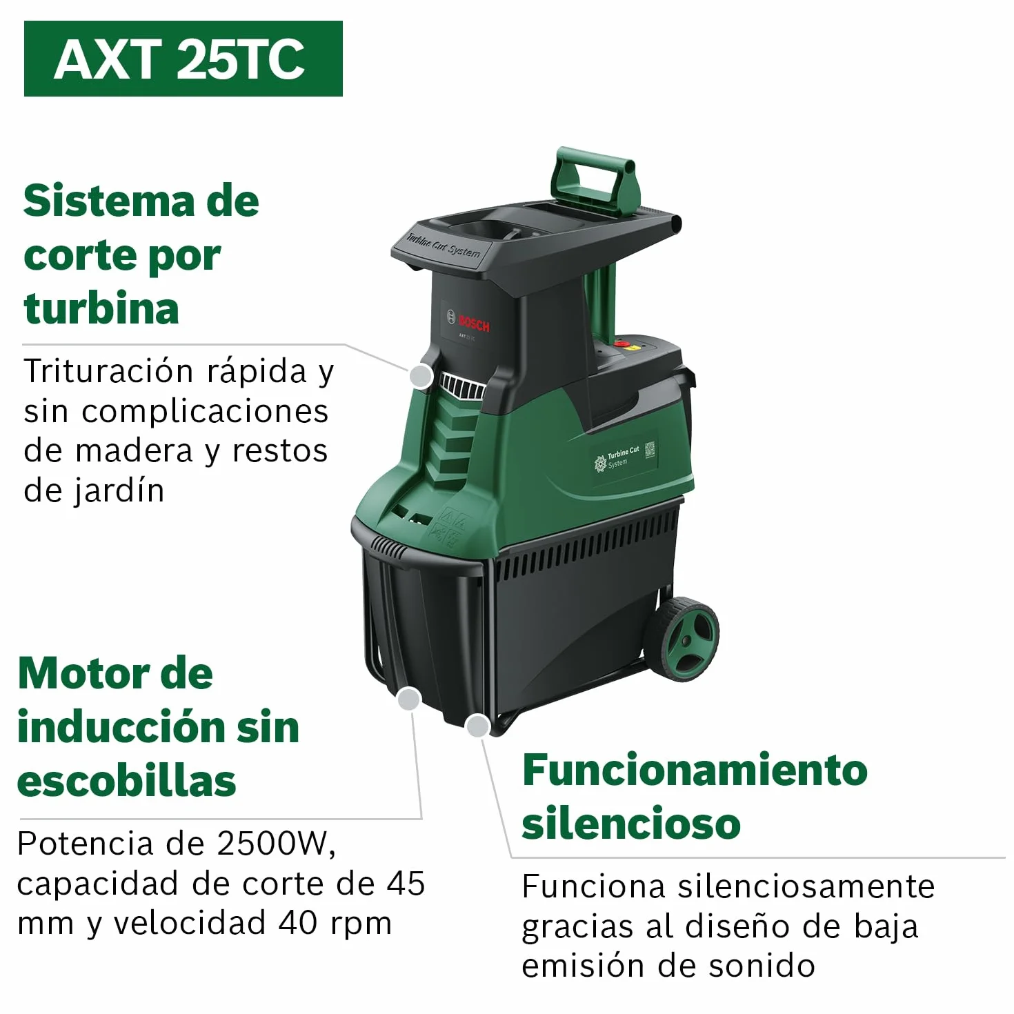 Bosch desmenuzadora de jardín con turbina AXT 25 TC (2500 W; apta para madera y residuos duros de jardín; incluye guantes de jardín; caja de recogida integrada de 53 L; en embalaje de cartón)