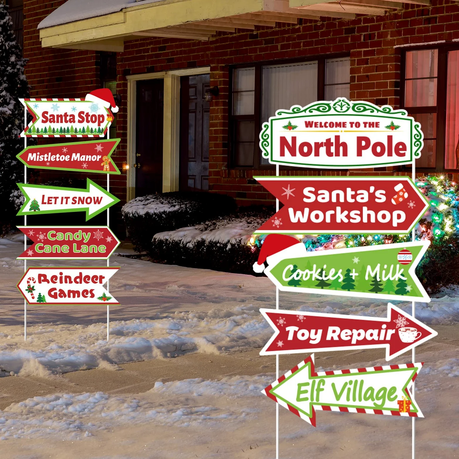 10 letreros de patio del Polo Norte, decoración al aire libre para Navidad, invierno, vacaciones, arte de Papá Noel, taller, patio, césped, letrero y «Let It Snow», con estacas para decoración del