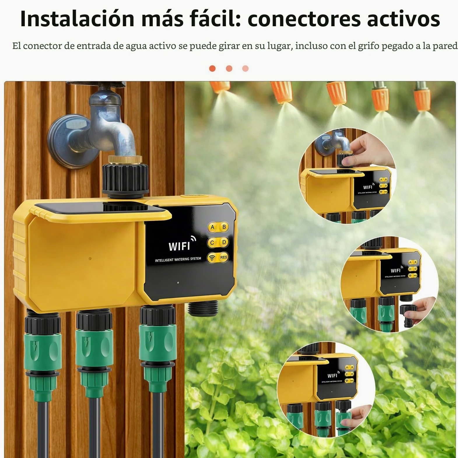 Temporizador Riego Solar, 4 Zonas WiFi Controlador Válvula Agua Solar Inteligente Control Aplicación Sensor Lluvia Temporizador Agua para Patio Exterior Jardín Playas Patio
