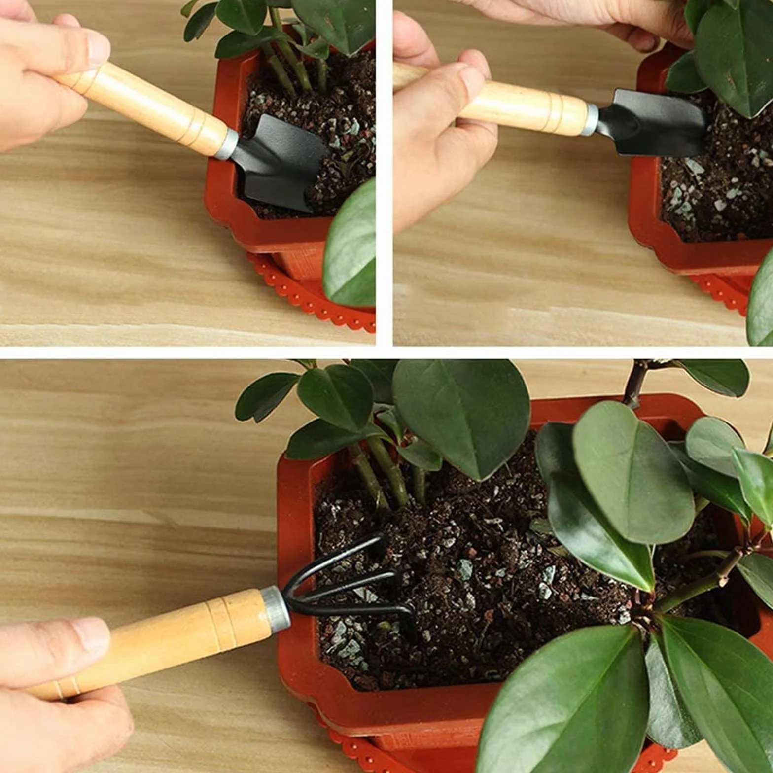 Juego de Herramientas de jardín, 3 Piezas, Juego de Herramientas de jardín, Pala de jardín, Mango de Madera, Palas de Mano, jardinería, Pala pequeña, Juego de jardín