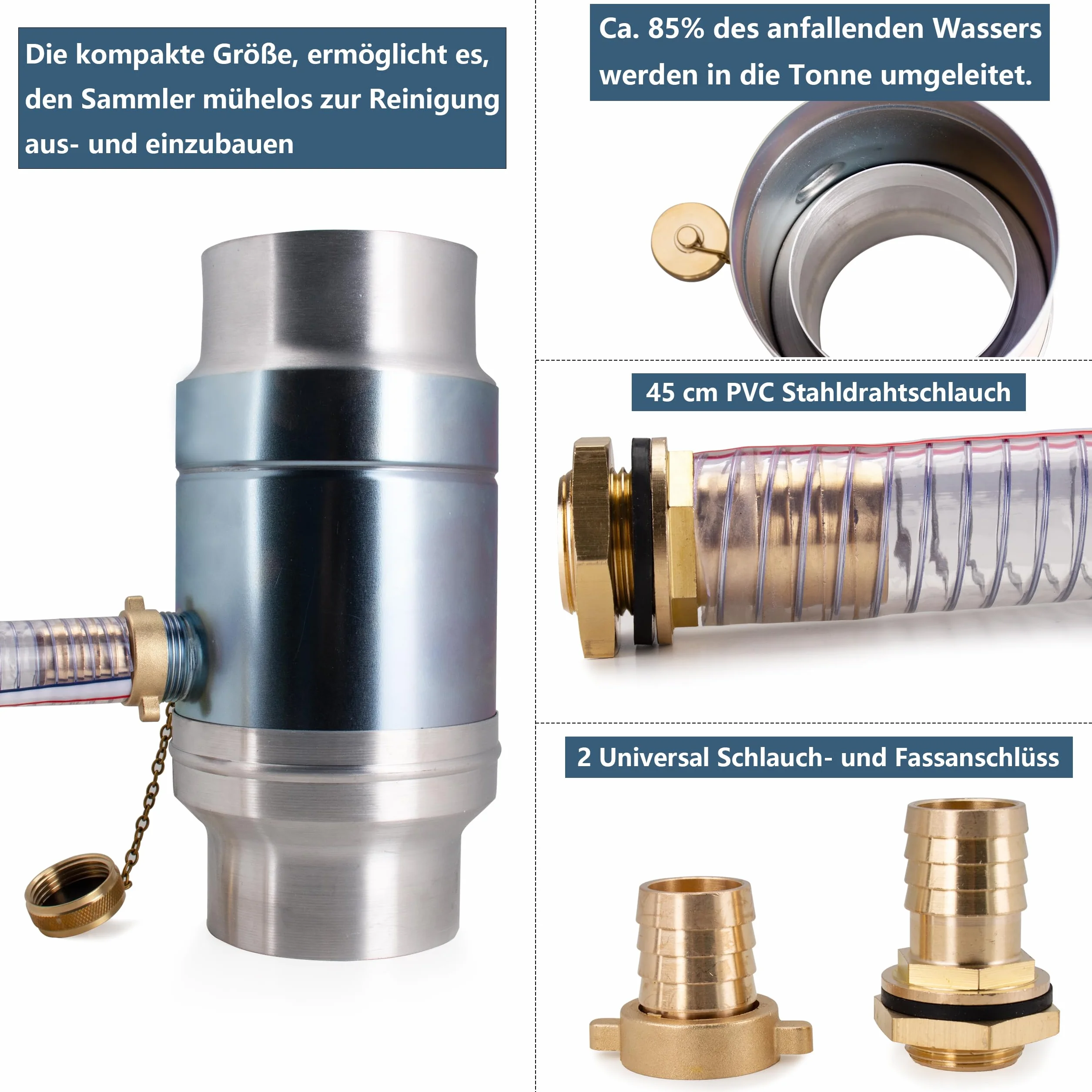 IGarden Colector de agua de lluvia de 100 mm con conector de manguera y barril de 45 cm para el tubo de bajada, chapa de acero galvanizado + colector de lluvia de aluminio de doble pared, colector de
