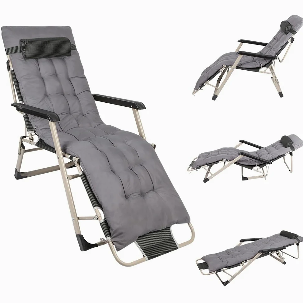 OHMG Silla de Jardín Plegable e Inclinable con Relleno, Reposapiés, Respaldo, Reposacabezas Extraíble, Tumbona Exterior, Estructura de Acero Epoxy, Mueble de Salón
