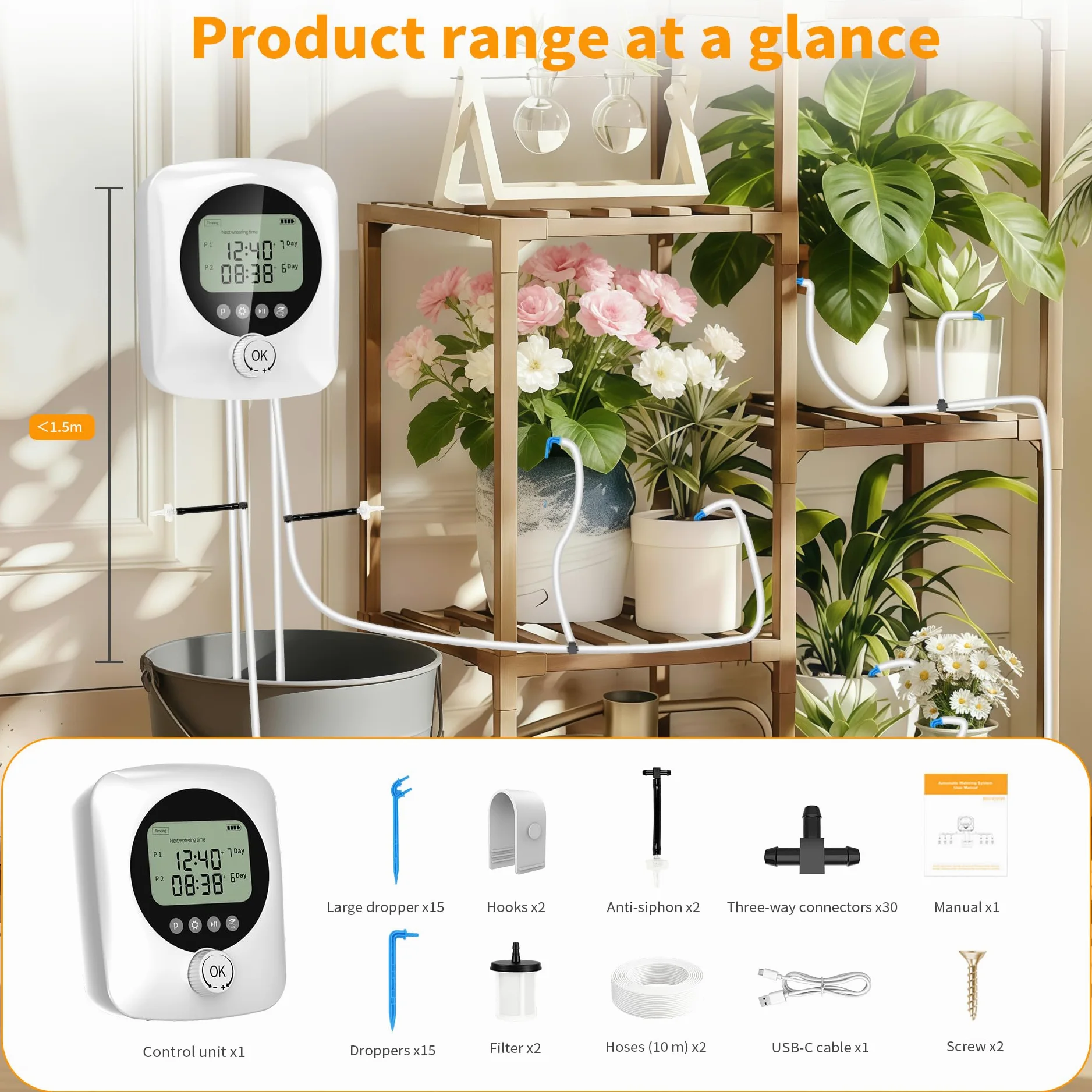 Riego por Goteo Automático Doble Bomba, Kit Riego por Goteo Recargable USB-C con Batería 4400mAh, Temporizador Ajustable Caudal 800ml/min, 20m Tubo+30 Goteros para Jardín Balcón